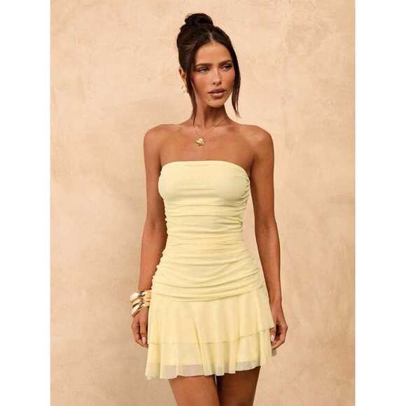 Dresses & Skirts - BAE Pale Yellow Summmer Girly Night Out Strapless Ruched Bodycon M